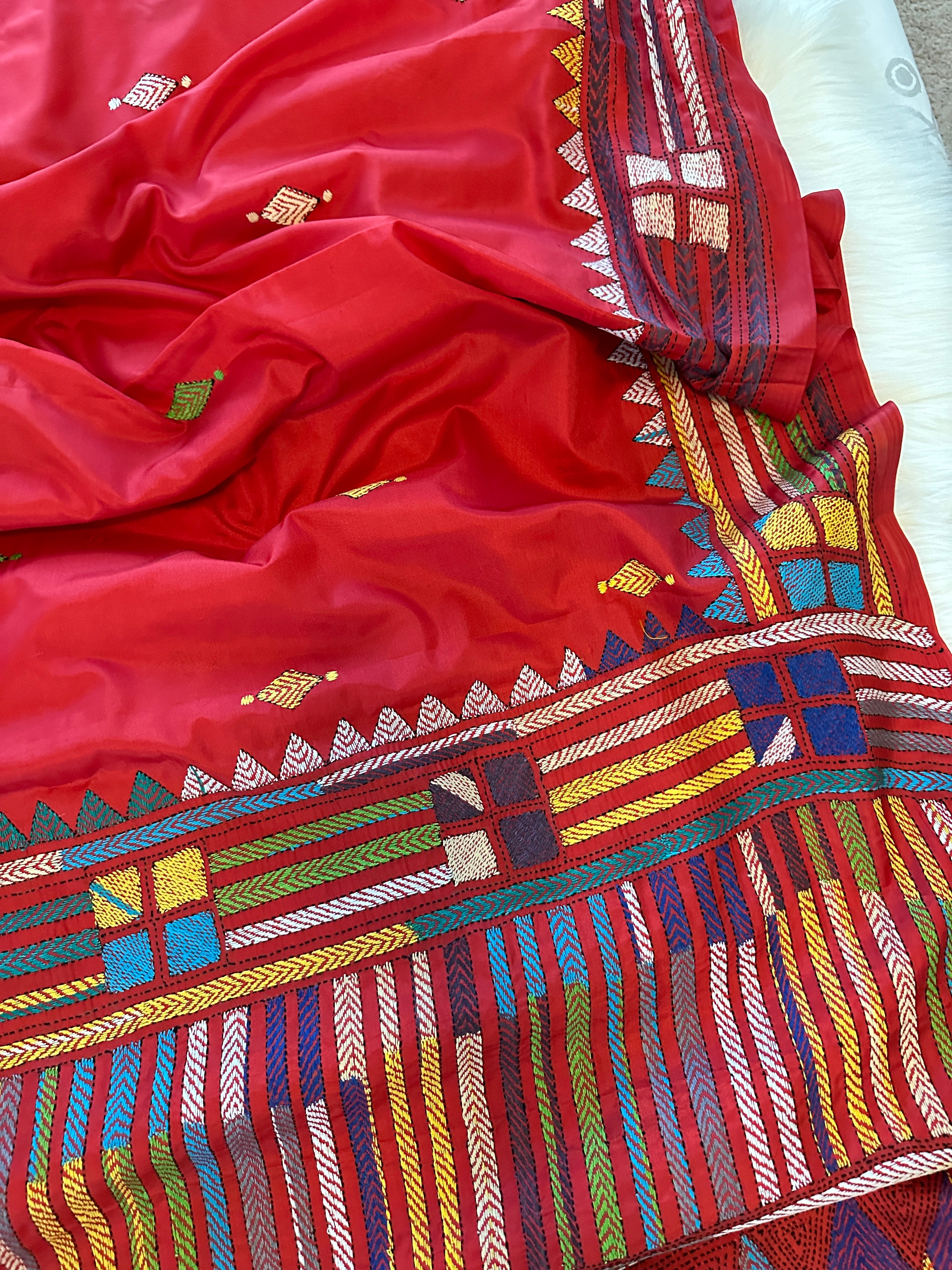 Kantha Silk Saree - Red