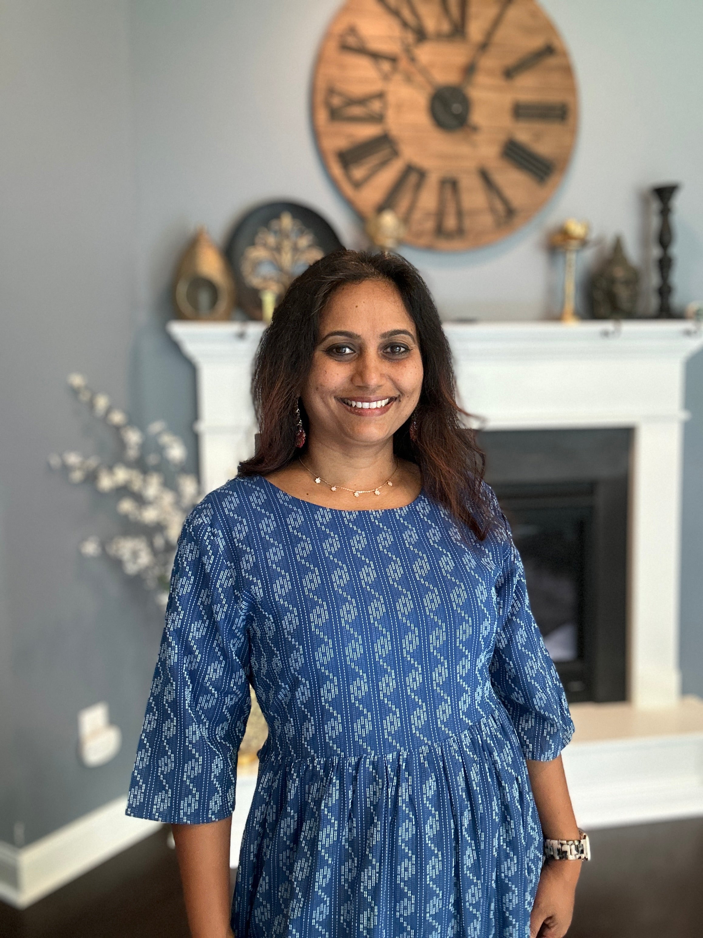 Cotton Block Print Dress - Indigo Blue