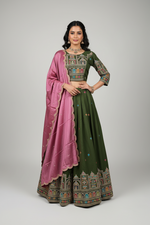 Load image into Gallery viewer, Jharokha Designer Silk Lehenga Skirt Set - Olive Green
