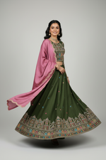 Load image into Gallery viewer, Jharokha Designer Silk Lehenga Skirt Set - Olive Green

