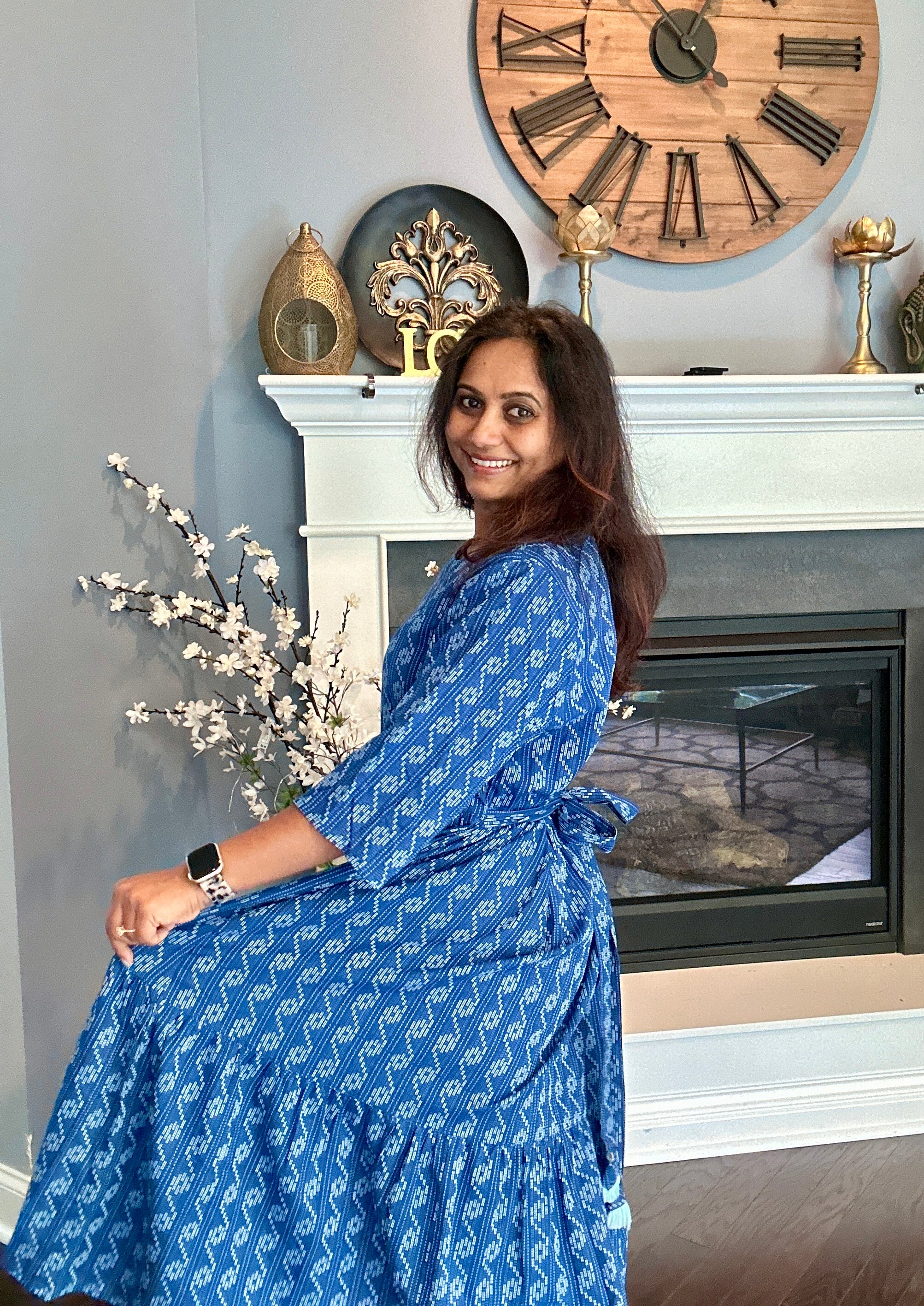 Cotton Block Print Dress - Indigo Blue