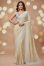 Load image into Gallery viewer, Georgette Chikanwork Saree - Ivory- Sitara Edition
