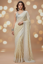 Load image into Gallery viewer, Georgette Chikanwork Saree - Ivory- Sitara Edition
