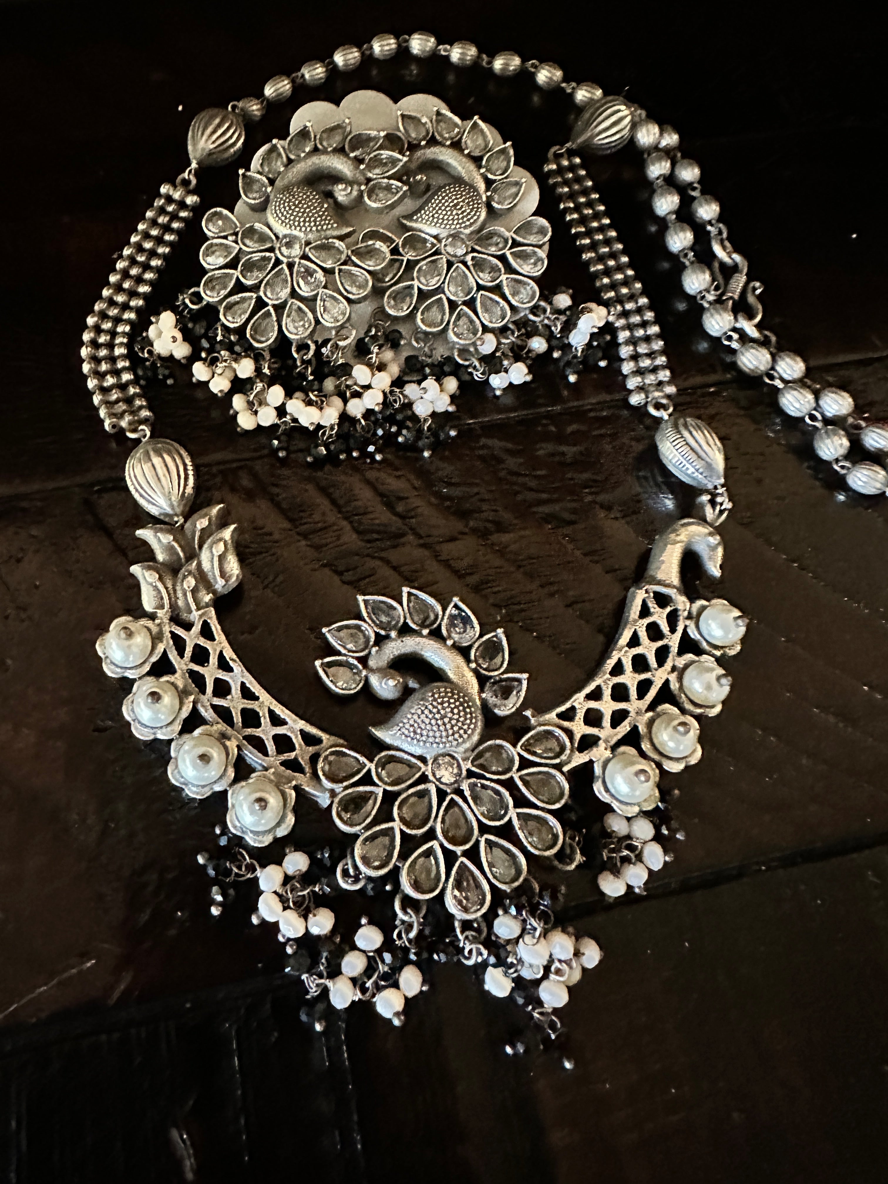 Peacock Stone Necklace Set - Black & Clear