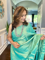 Load image into Gallery viewer, Metallic Tissue Mulmul Saree - Greenish Blue
