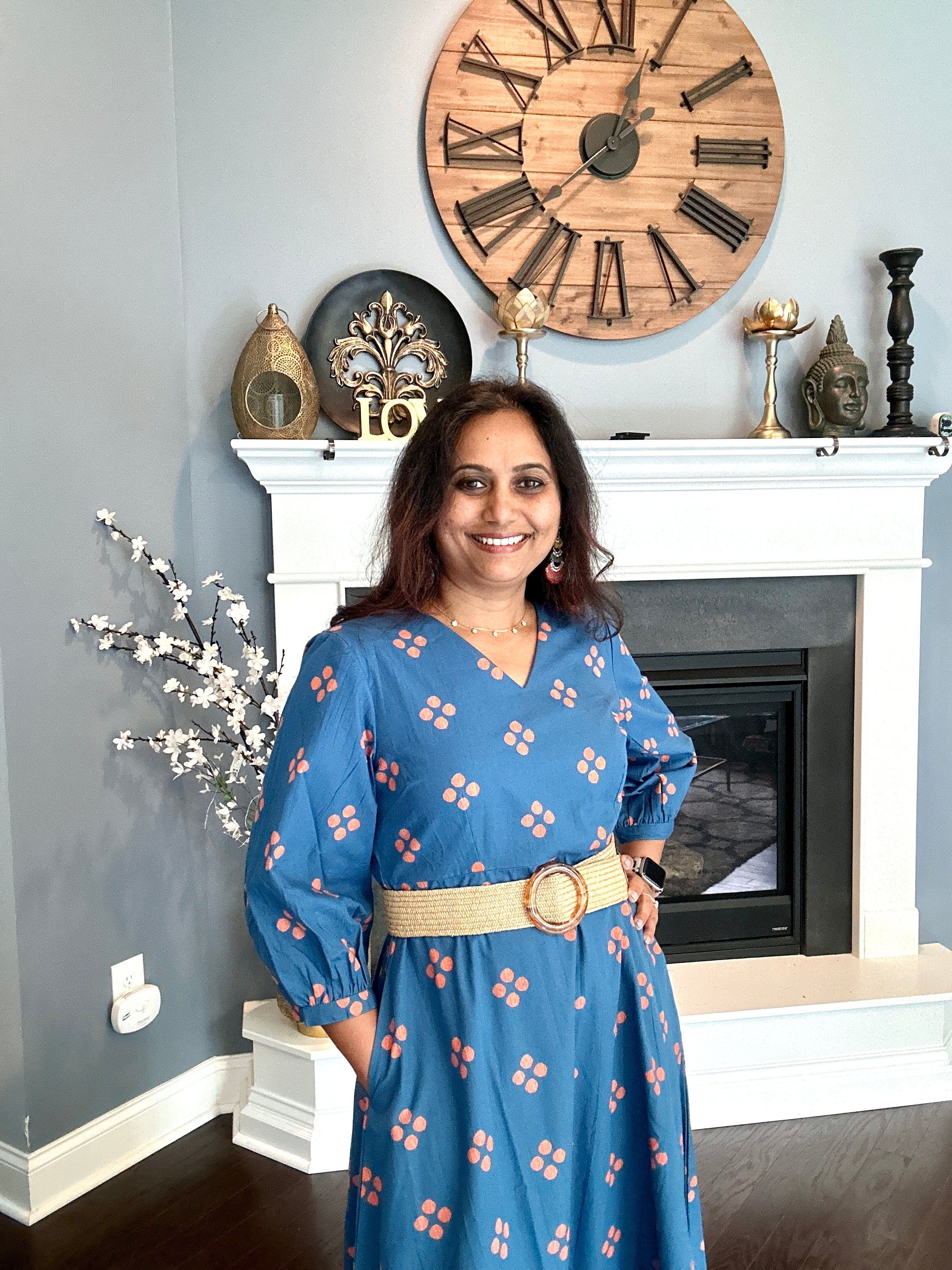 Cotton Block Print Dress - Indigo Blue