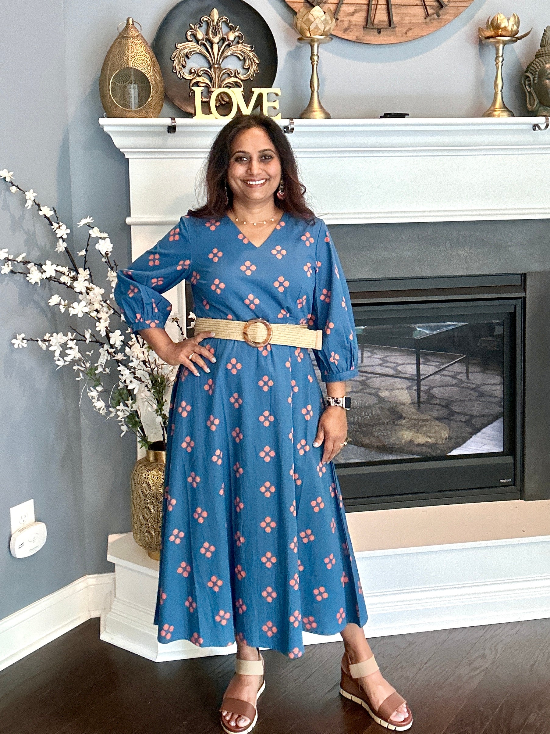 Cotton Block Print Dress - Indigo Blue