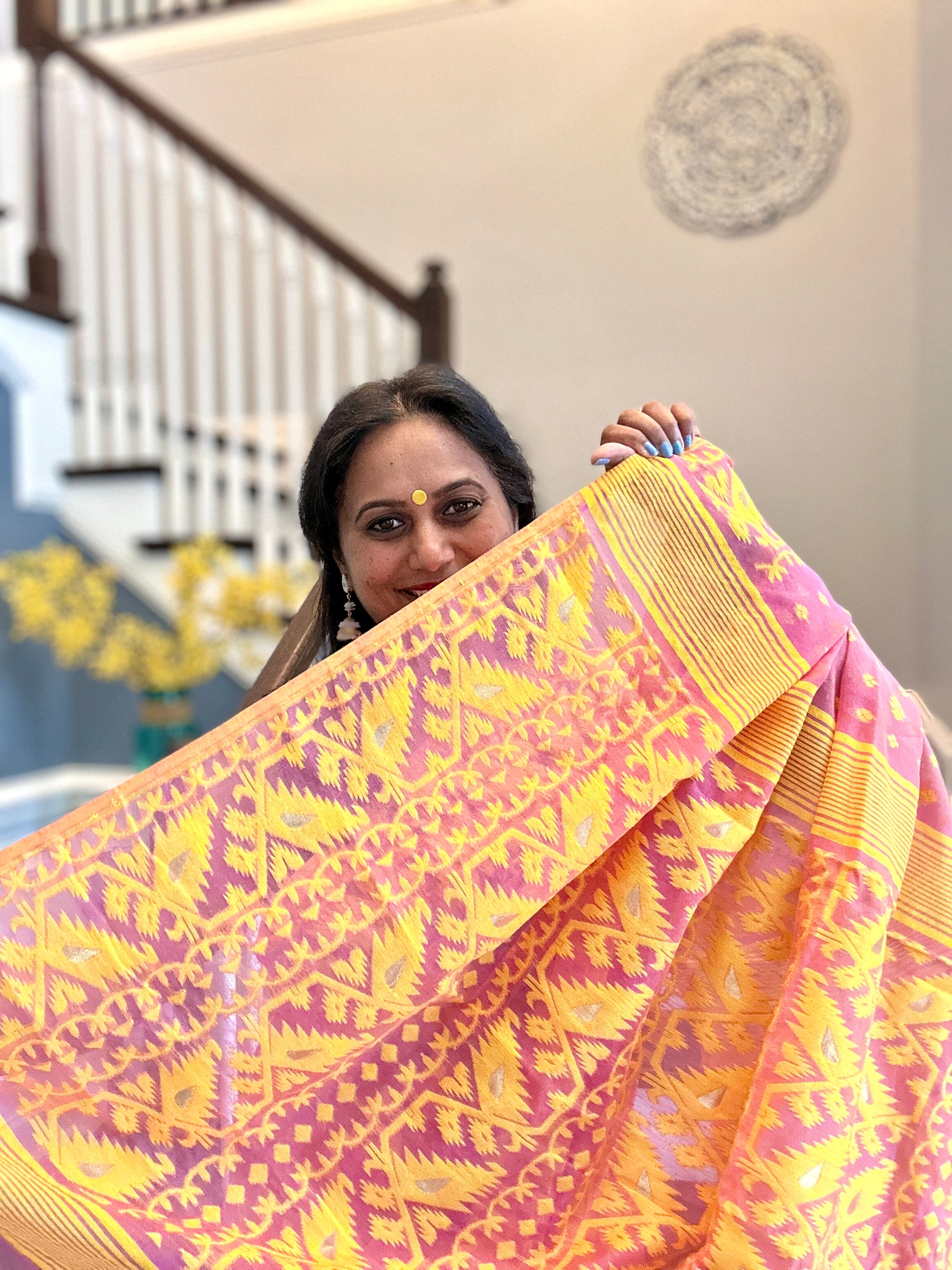 Jamdani Woven Saree - Blush-Yellow