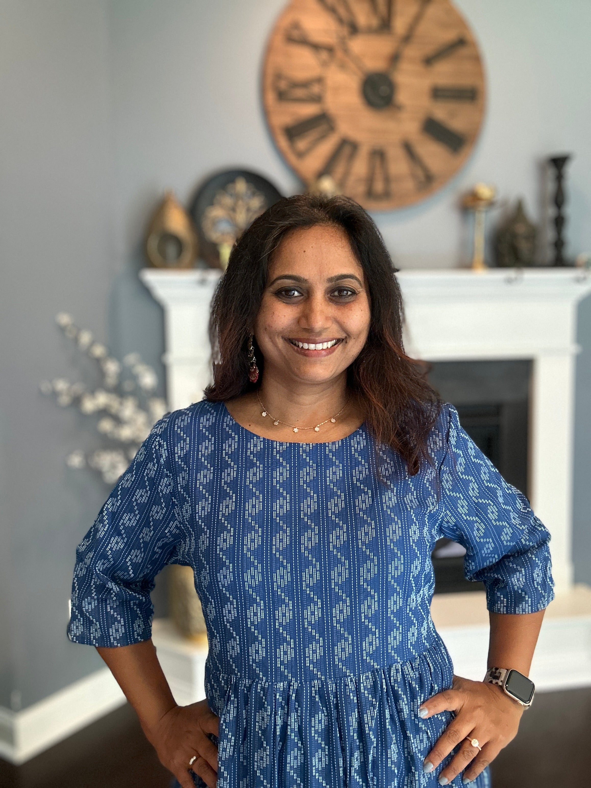 Cotton Block Print Dress - Indigo Blue