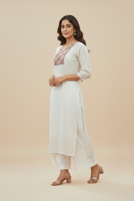 Load image into Gallery viewer, Embroidered Long Chanderi White Kurta
