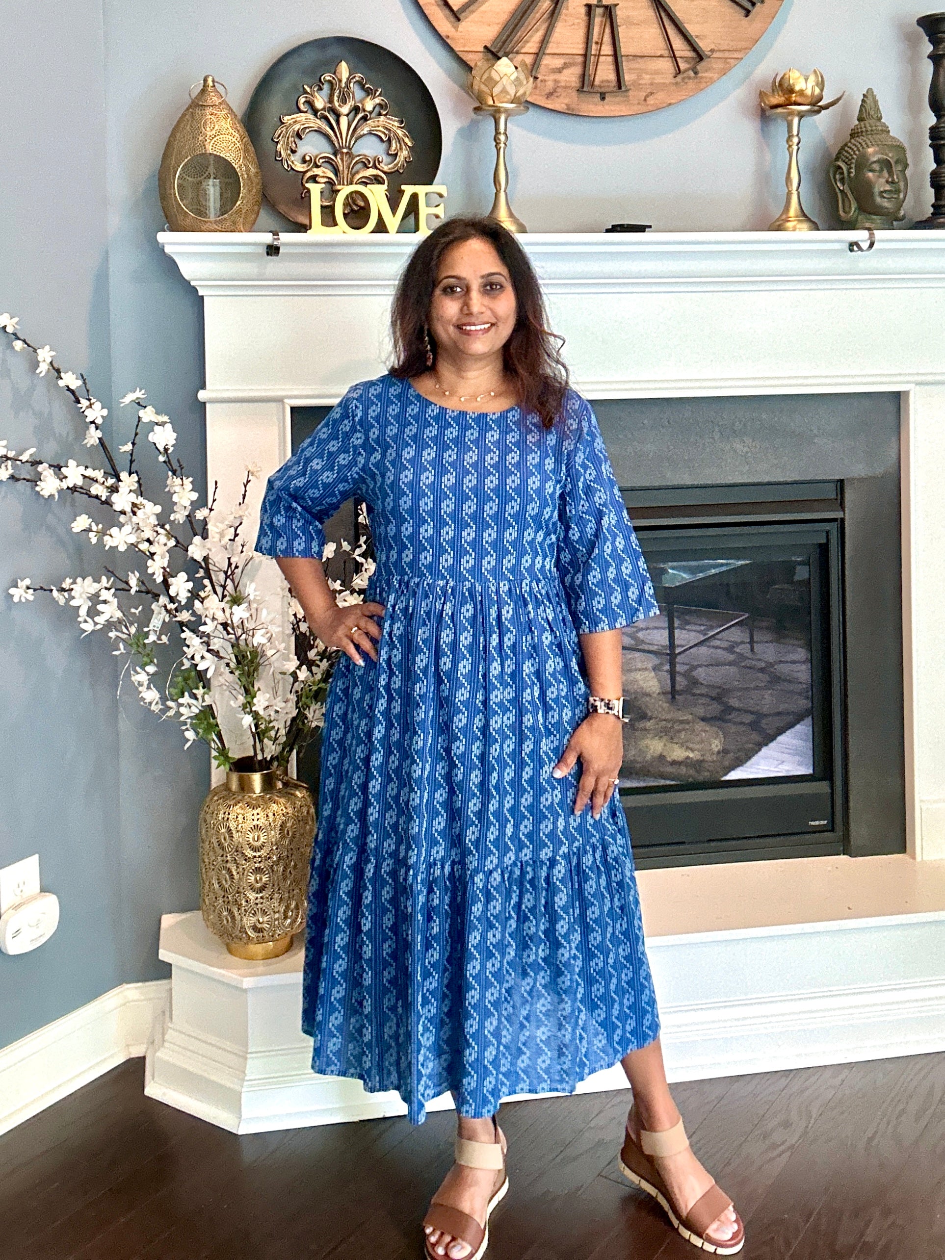 Cotton Block Print Dress - Indigo Blue