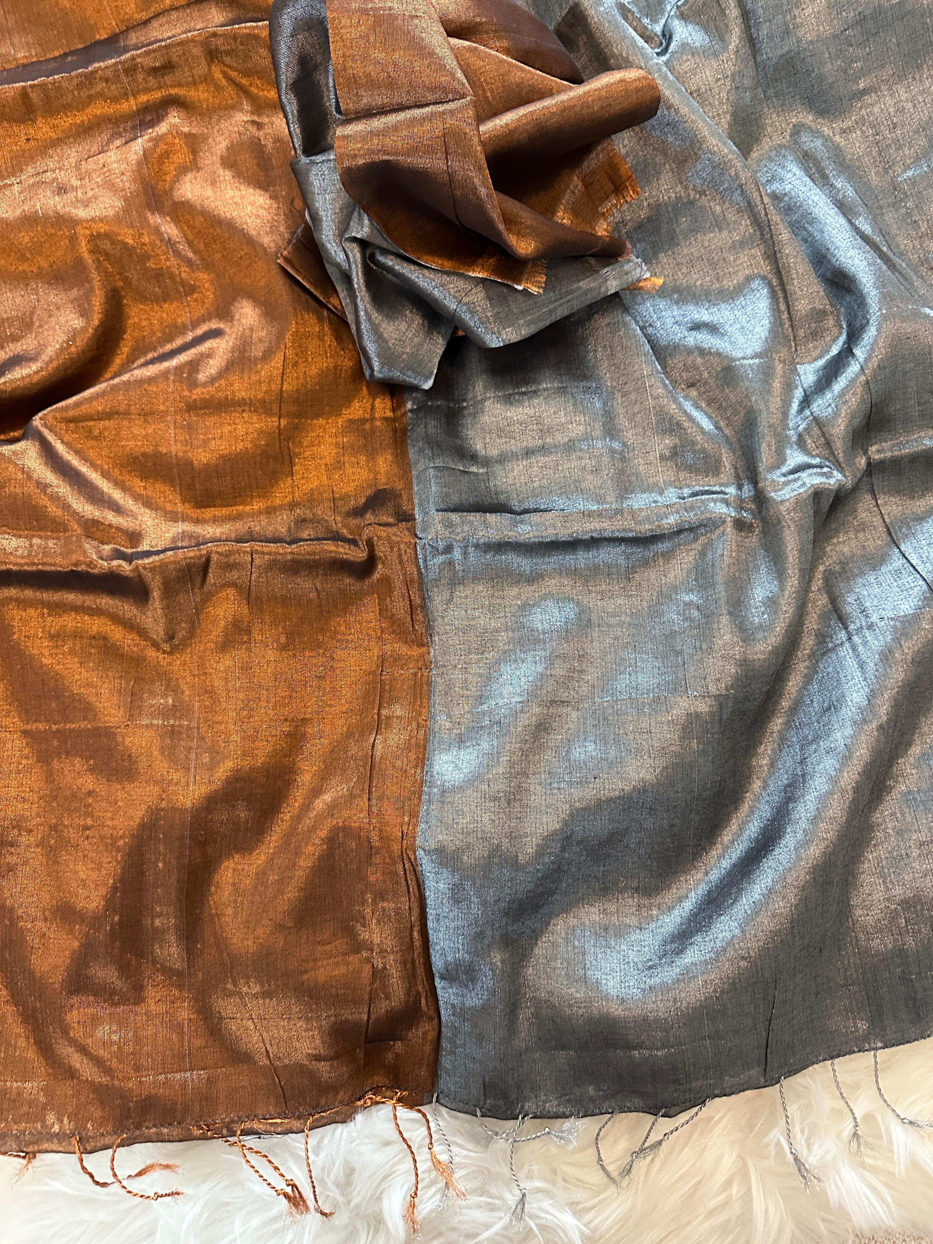 Silk Tissue Saree - Copper & Silver