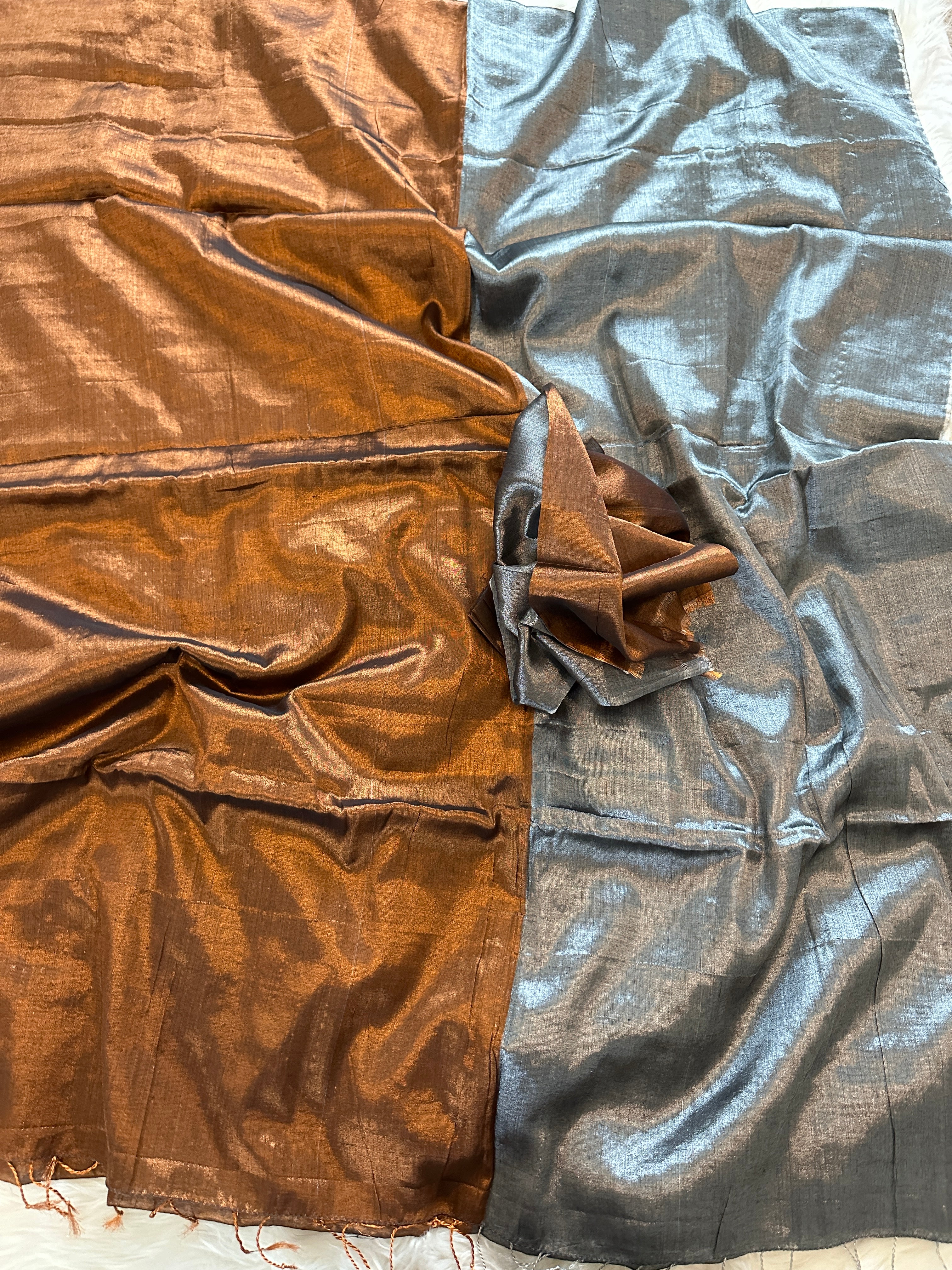 Silk Tissue Saree - Copper & Silver