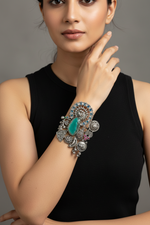 Load image into Gallery viewer, Antique Silver Stone Cuff - Sea Green
