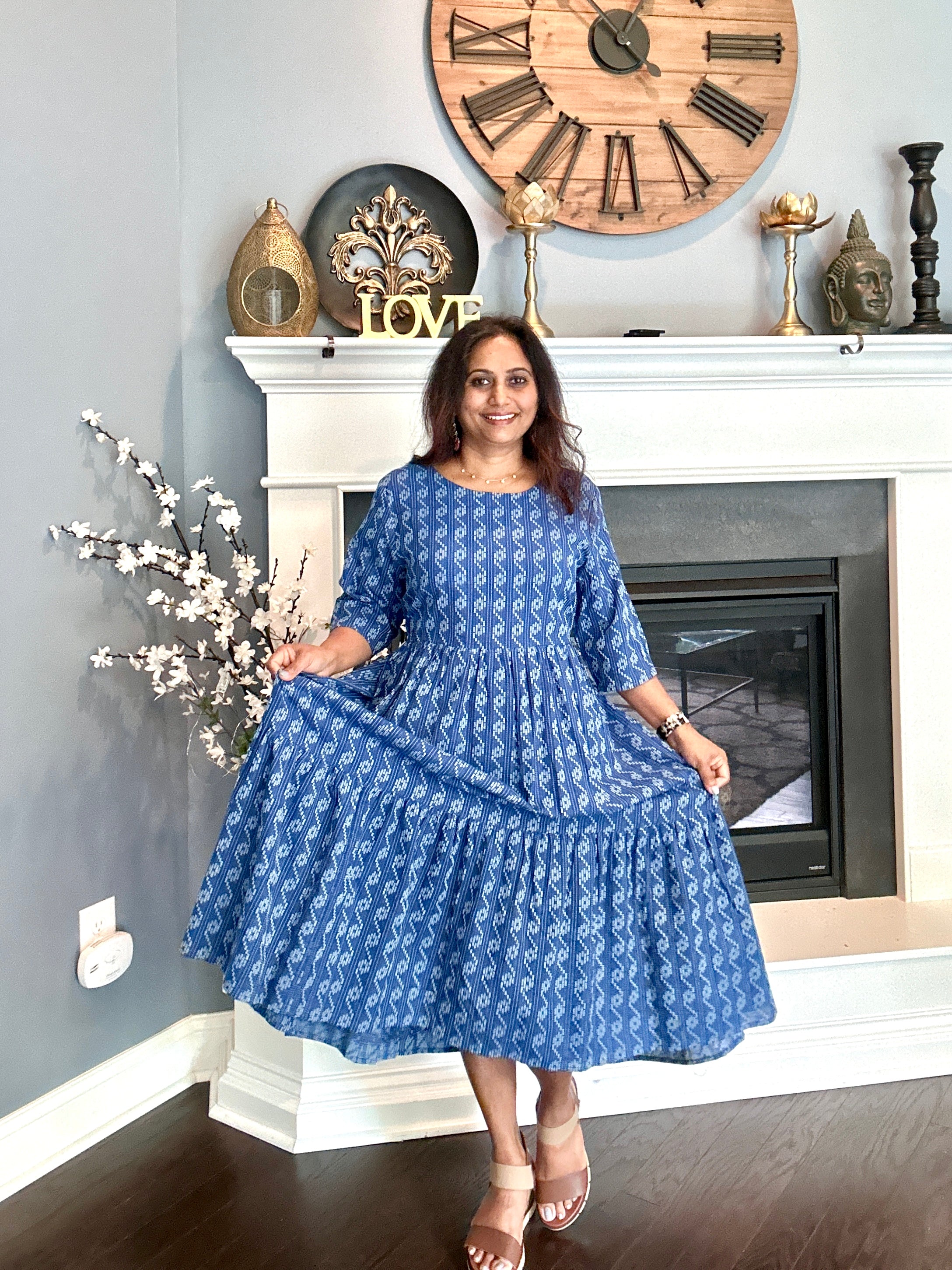 Cotton Block Print Dress - Indigo Blue