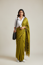 Load image into Gallery viewer, Cotton Handloom Plain Saree - Yellow green
