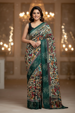 Load image into Gallery viewer, Kantha Silk Saree - Bottle Green
