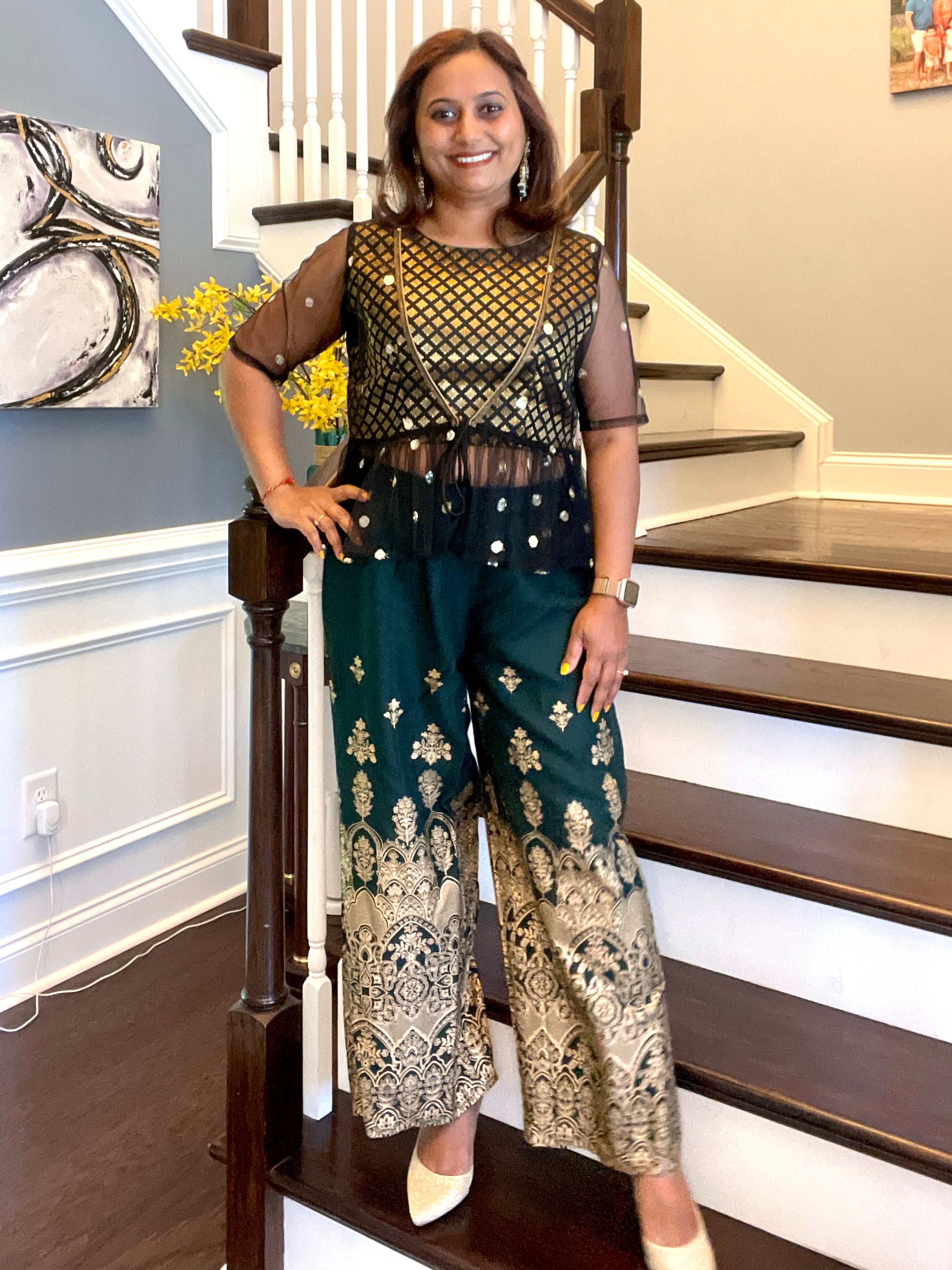 Party Palazzo Gold Print - Bottle Green