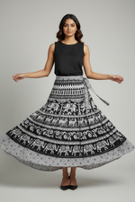 Load image into Gallery viewer, Wraparound Block Print Skirt - B&amp;W
