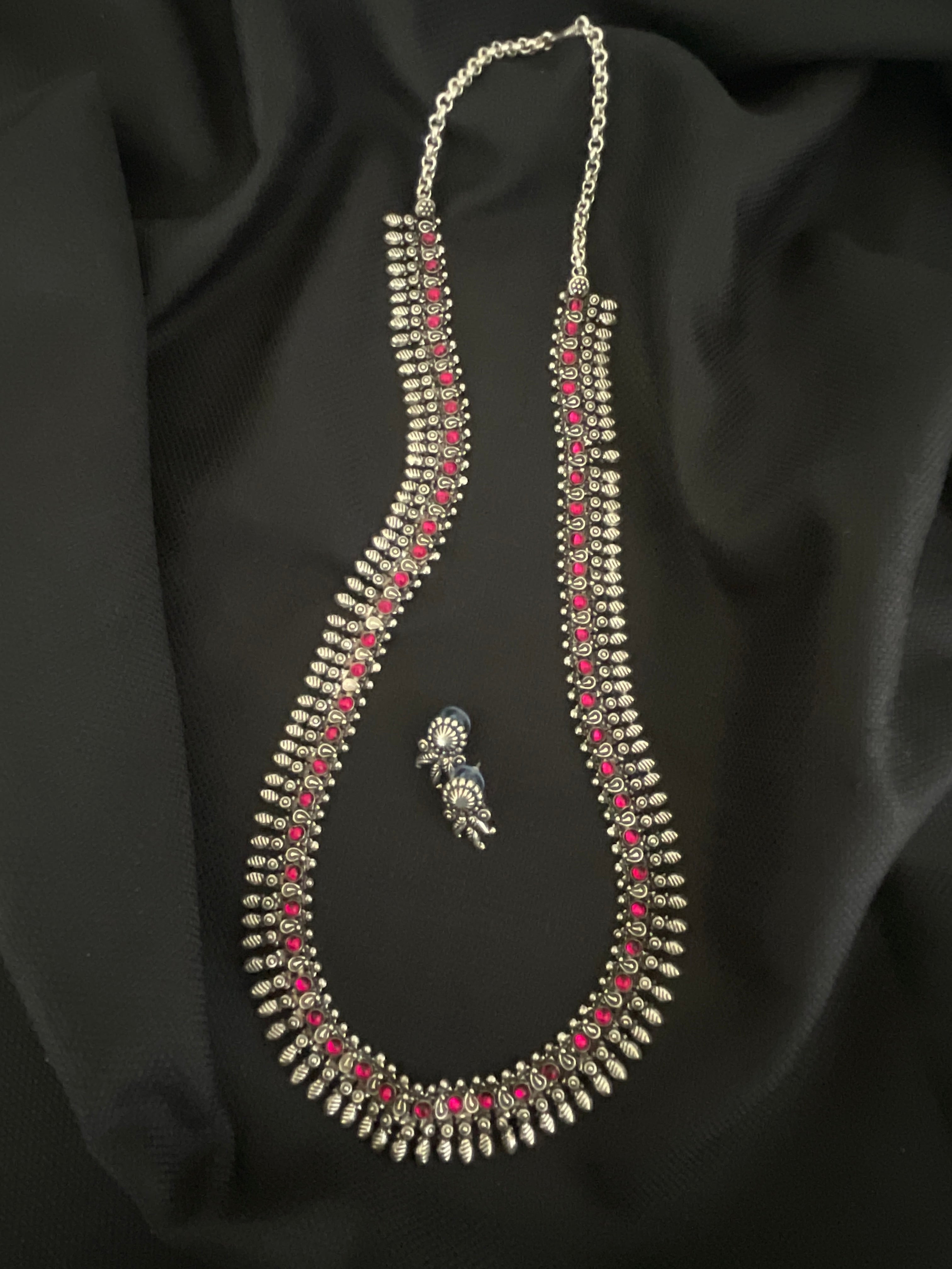 Long Silver Necklace Pink Stone