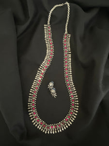 Long Silver Necklace Pink Stone