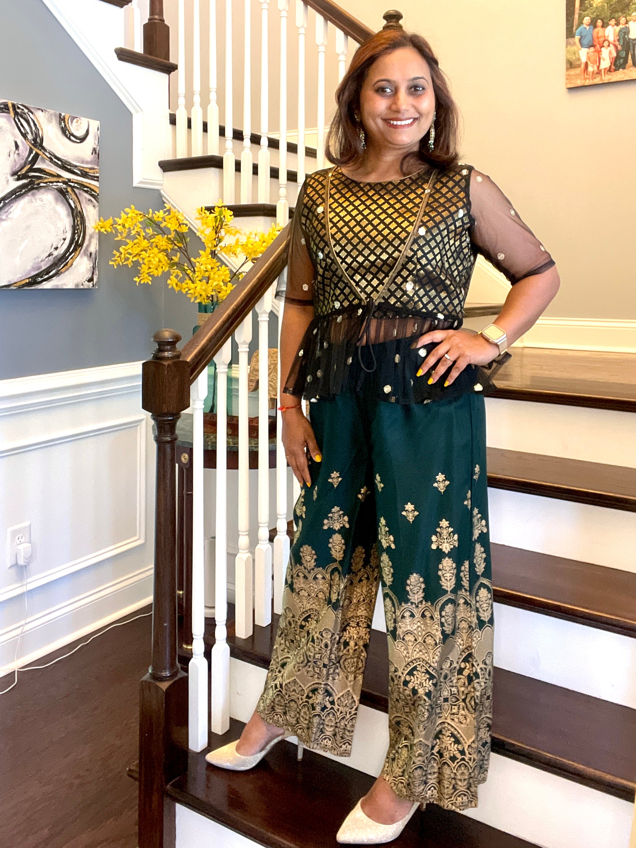 Party Palazzo Gold Print - Bottle Green