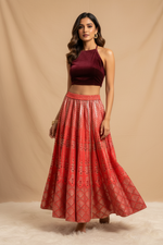 Load image into Gallery viewer, Silk Silver Print Skirt - Coral
