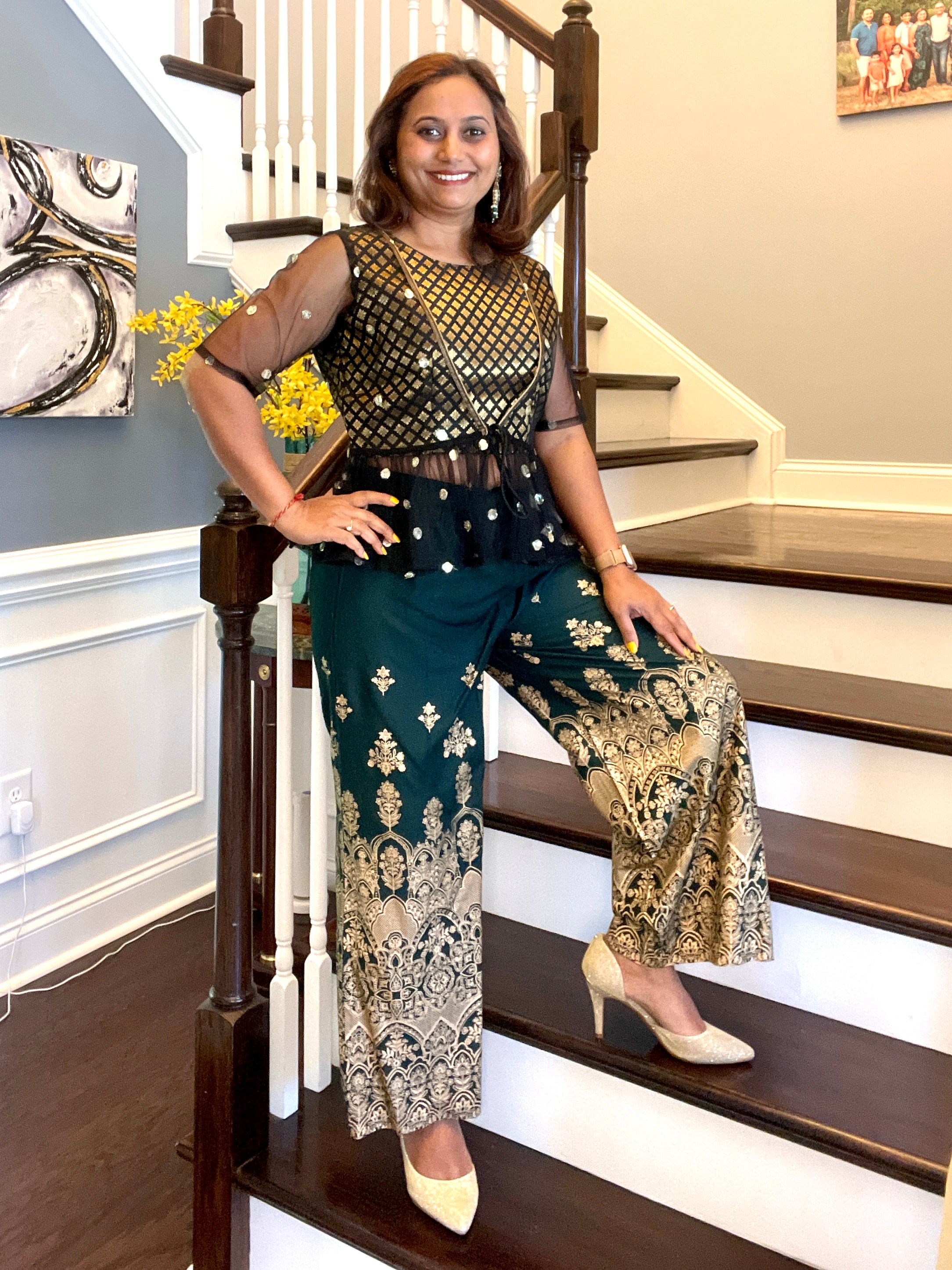 Party Palazzo Gold Print - Bottle Green