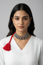 Load image into Gallery viewer, Antique Silver Cord Necklace Set - Red Multicolor
