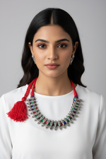 Load image into Gallery viewer, Antique Silver Cord Necklace Set - Red Multicolor
