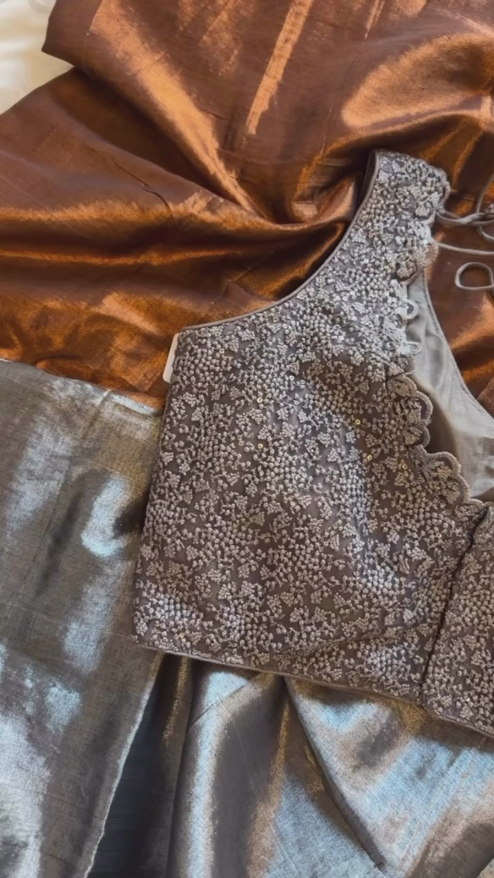 Silk Tissue Saree - Copper & Silver