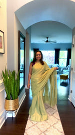 Load and play video in Gallery viewer, Metallic Tissue Mulmul Saree - Pista Gold
