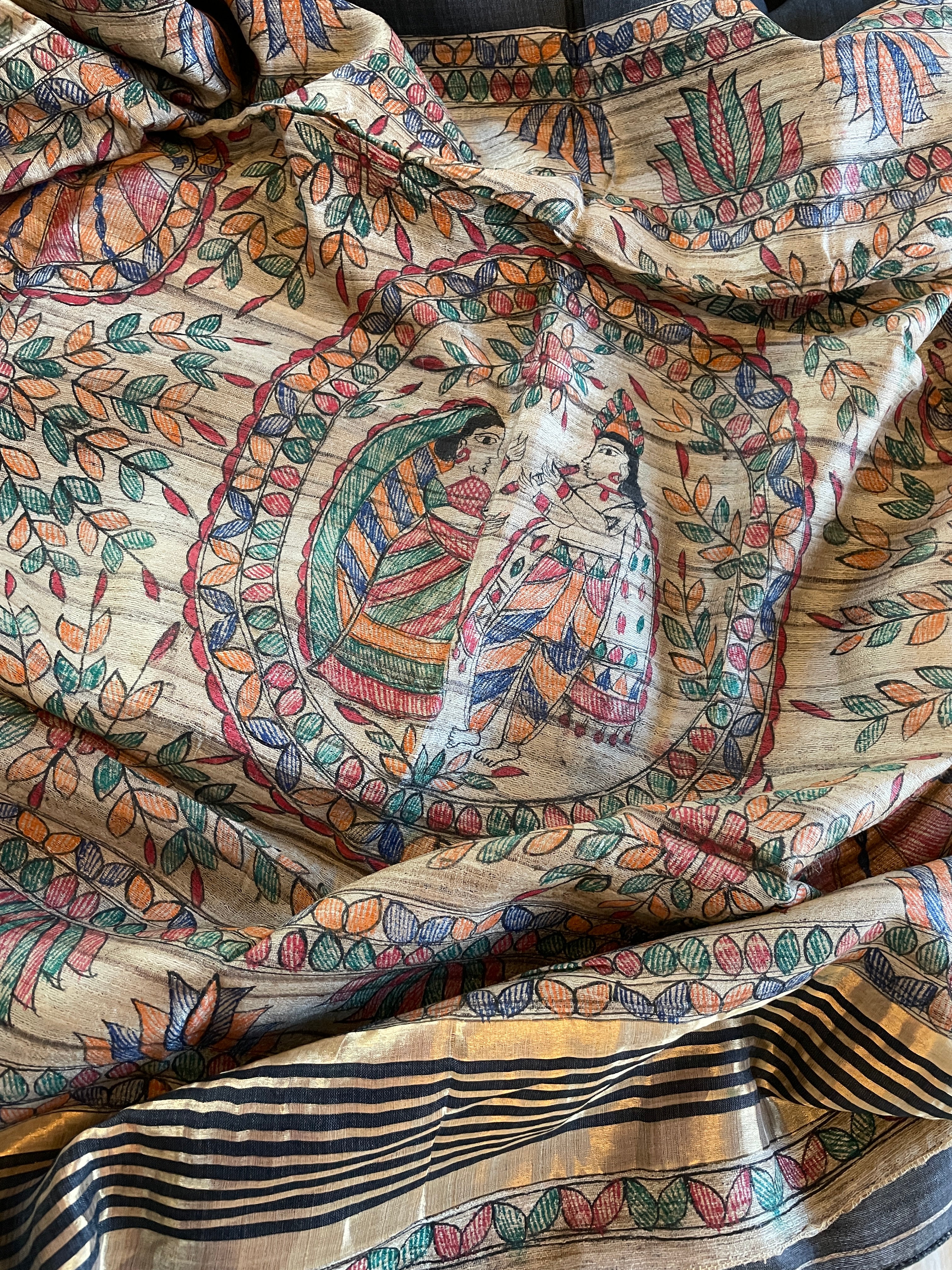 Madhubani Print Tussor Silk - Slate Black