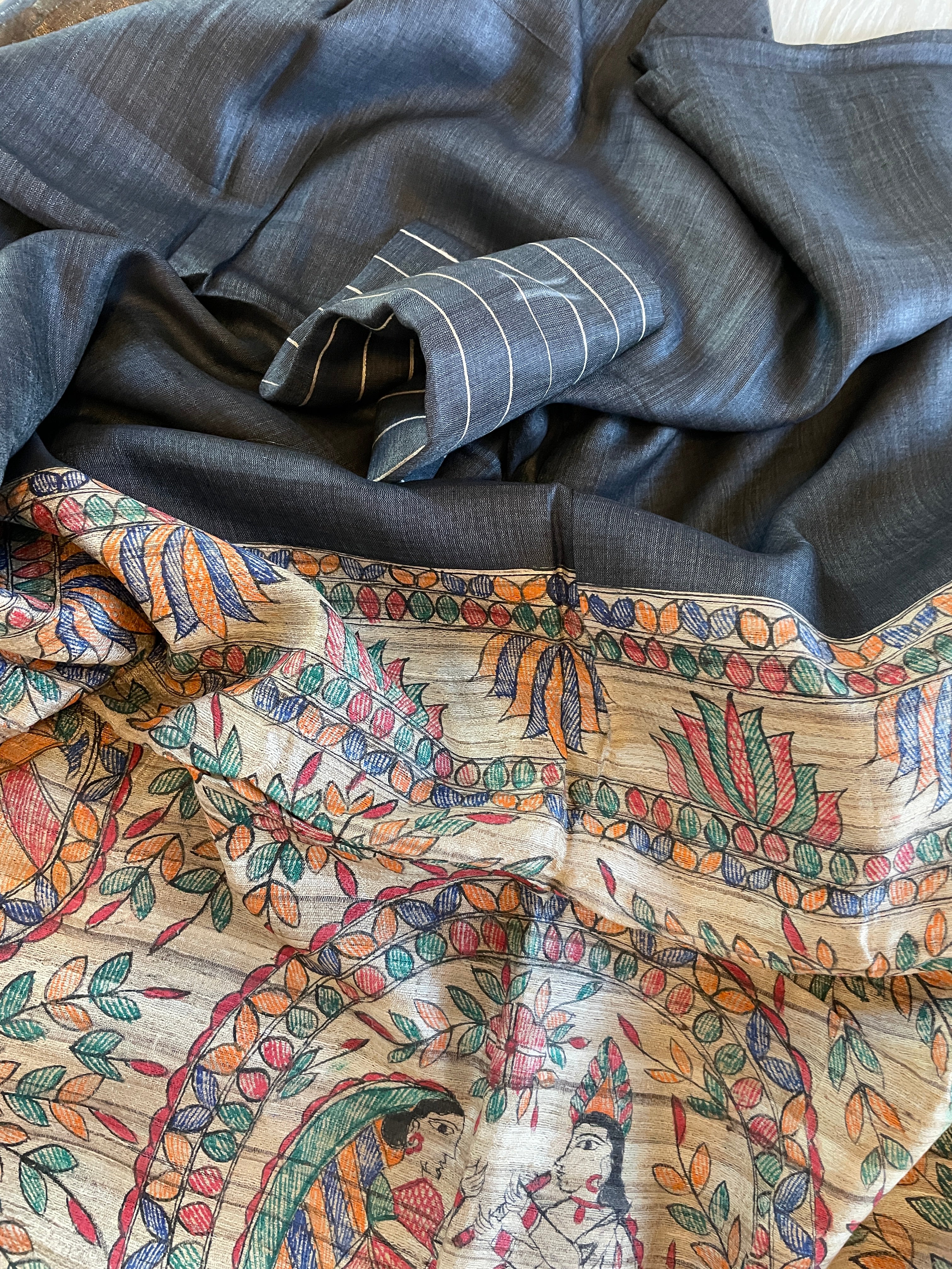 Madhubani Print Tussor Silk - Slate Black