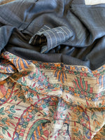 Load image into Gallery viewer, Madhubani Print Tussor Silk - Slate Black
