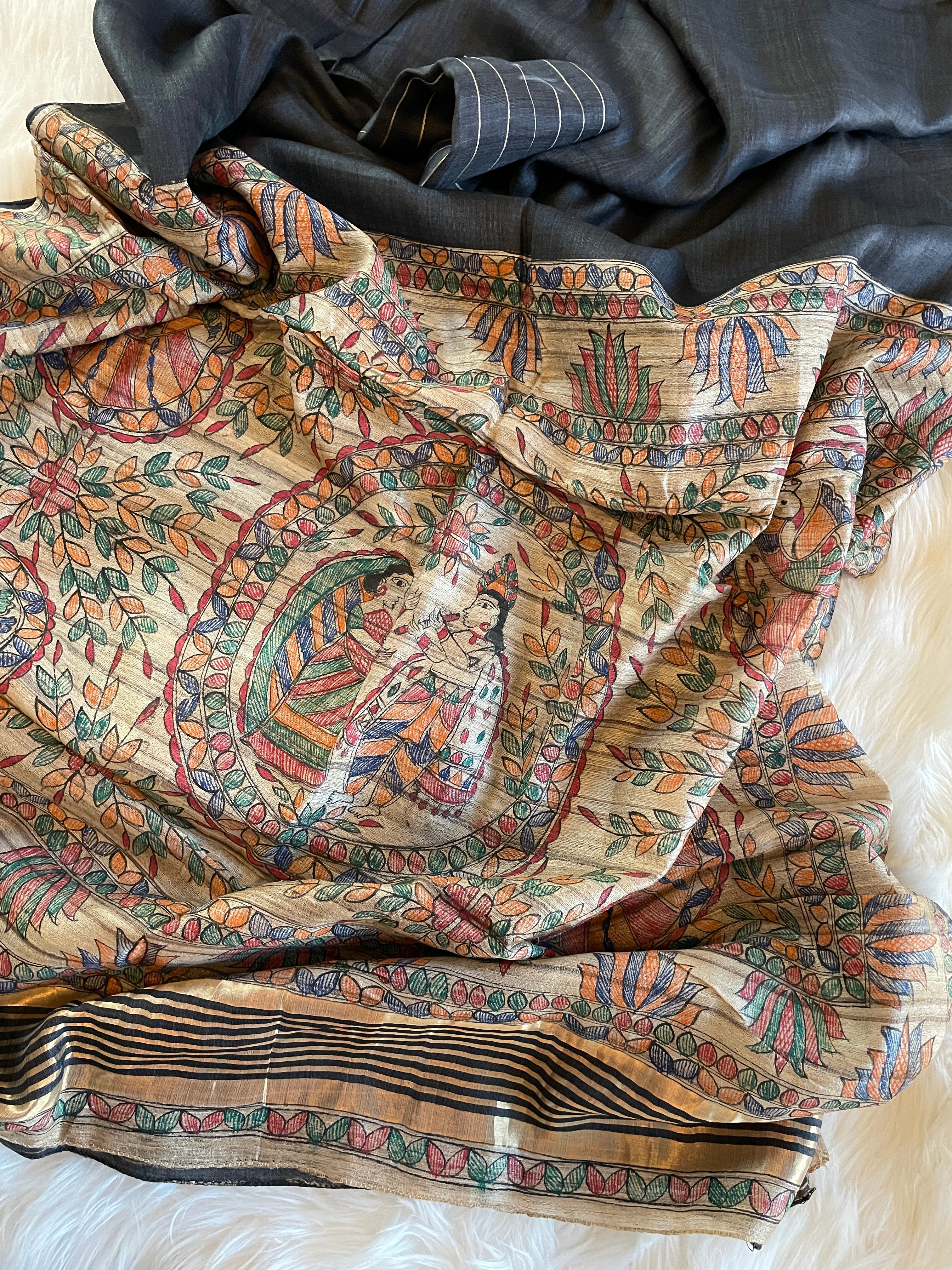 Madhubani Print Tussor Silk - Slate Black