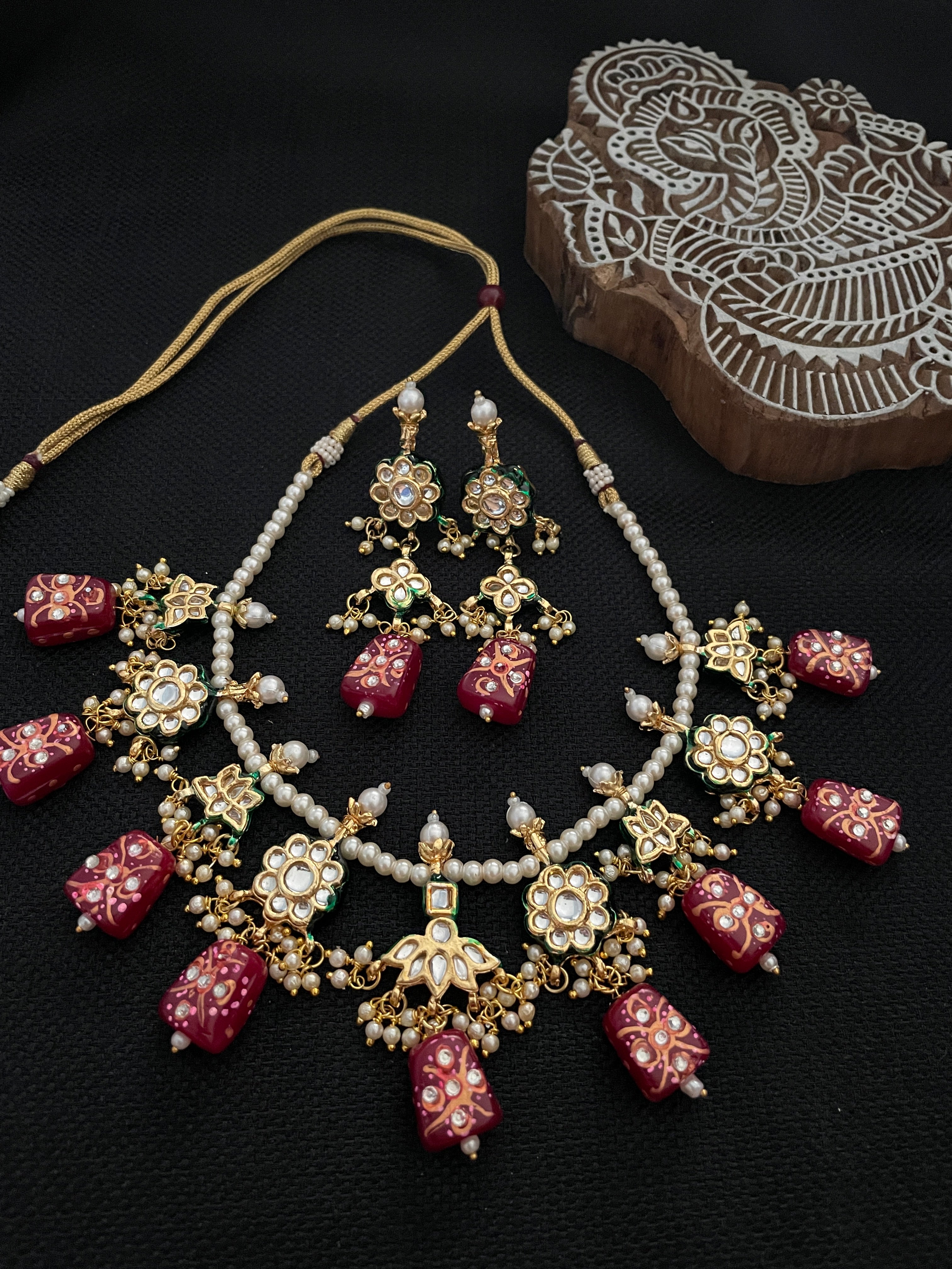 Kundan Handpainted Necklace Gold Set - Red