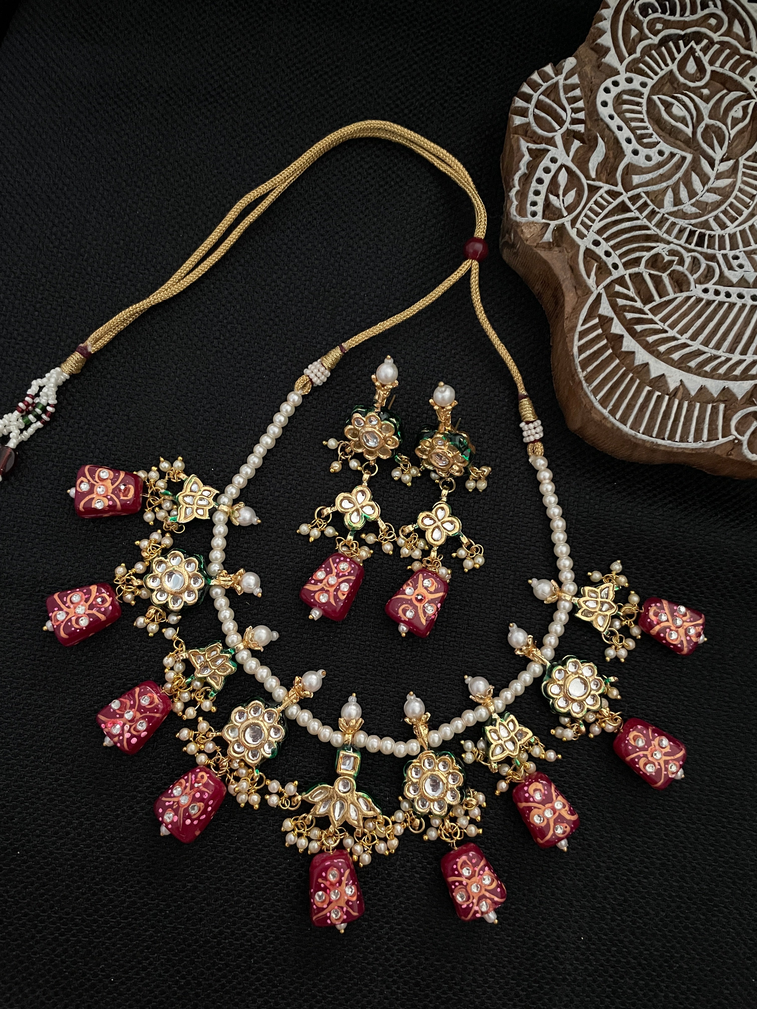 Kundan Handpainted Necklace Gold Set - Red