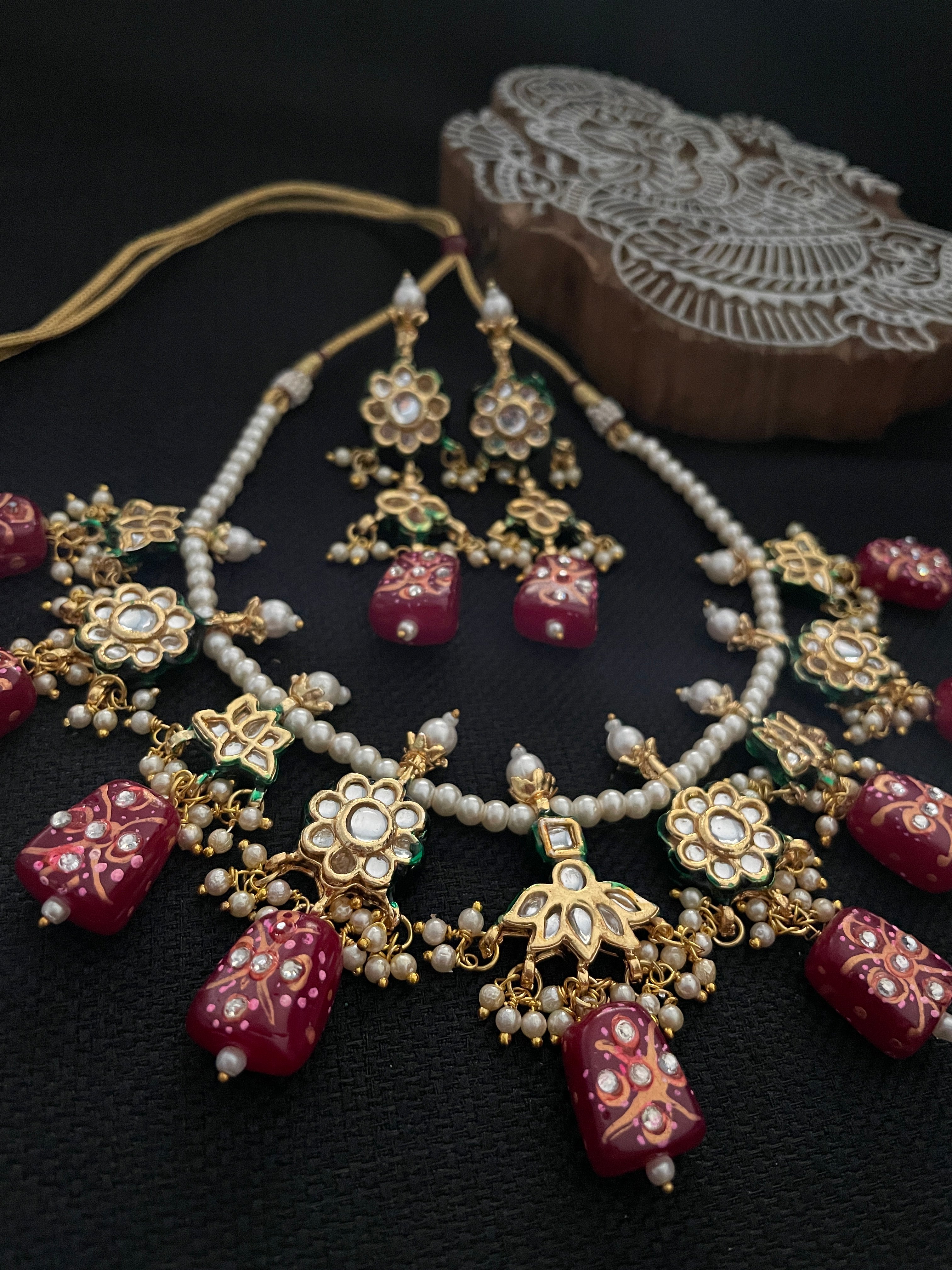 Kundan Handpainted Necklace Gold Set - Red