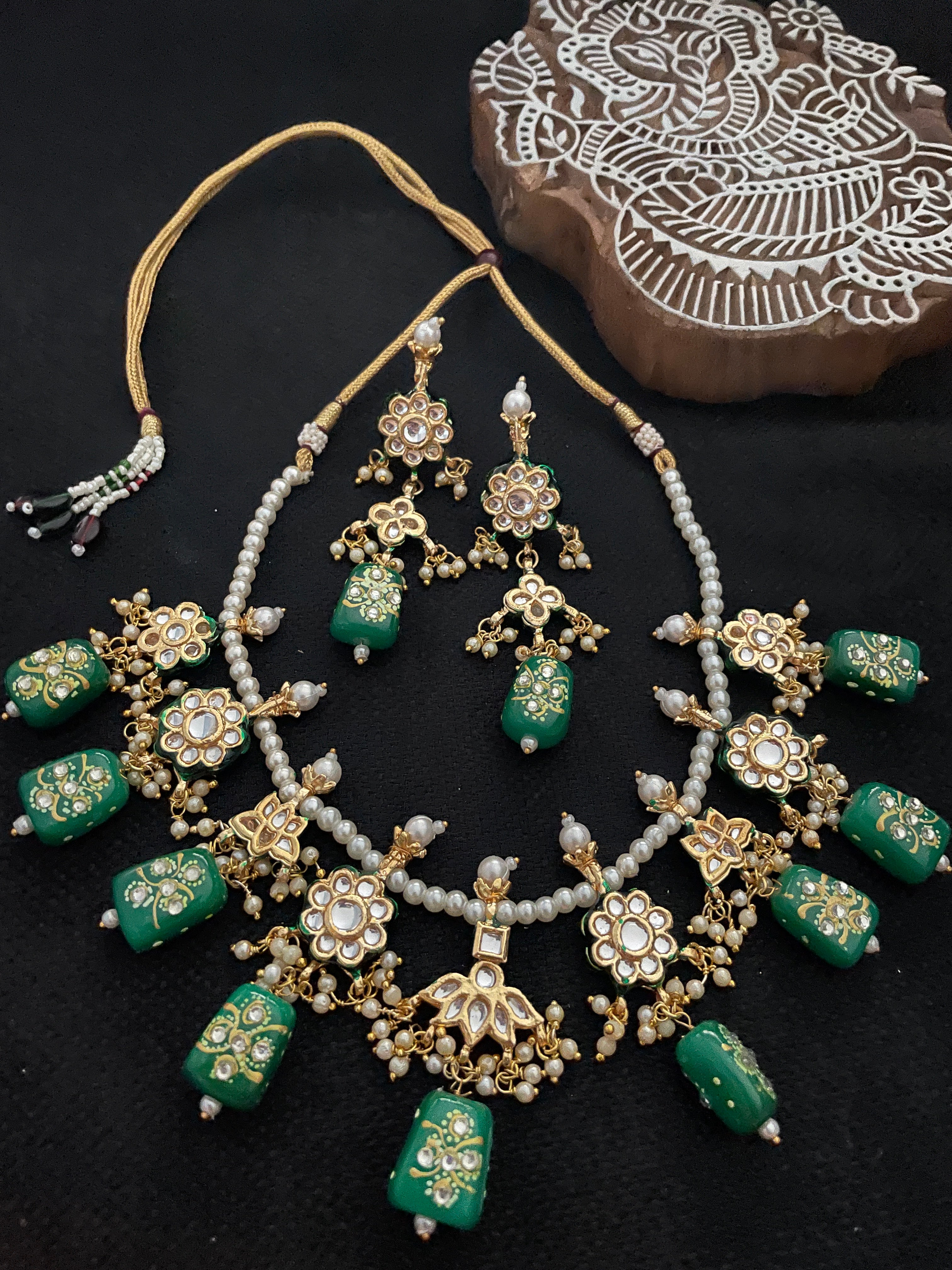 Kundan Handpainted Necklace Gold Set - Green