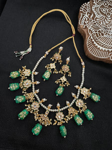 Kundan Handpainted Necklace Gold Set - Green