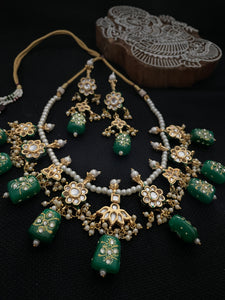 Kundan Handpainted Necklace Gold Set - Green