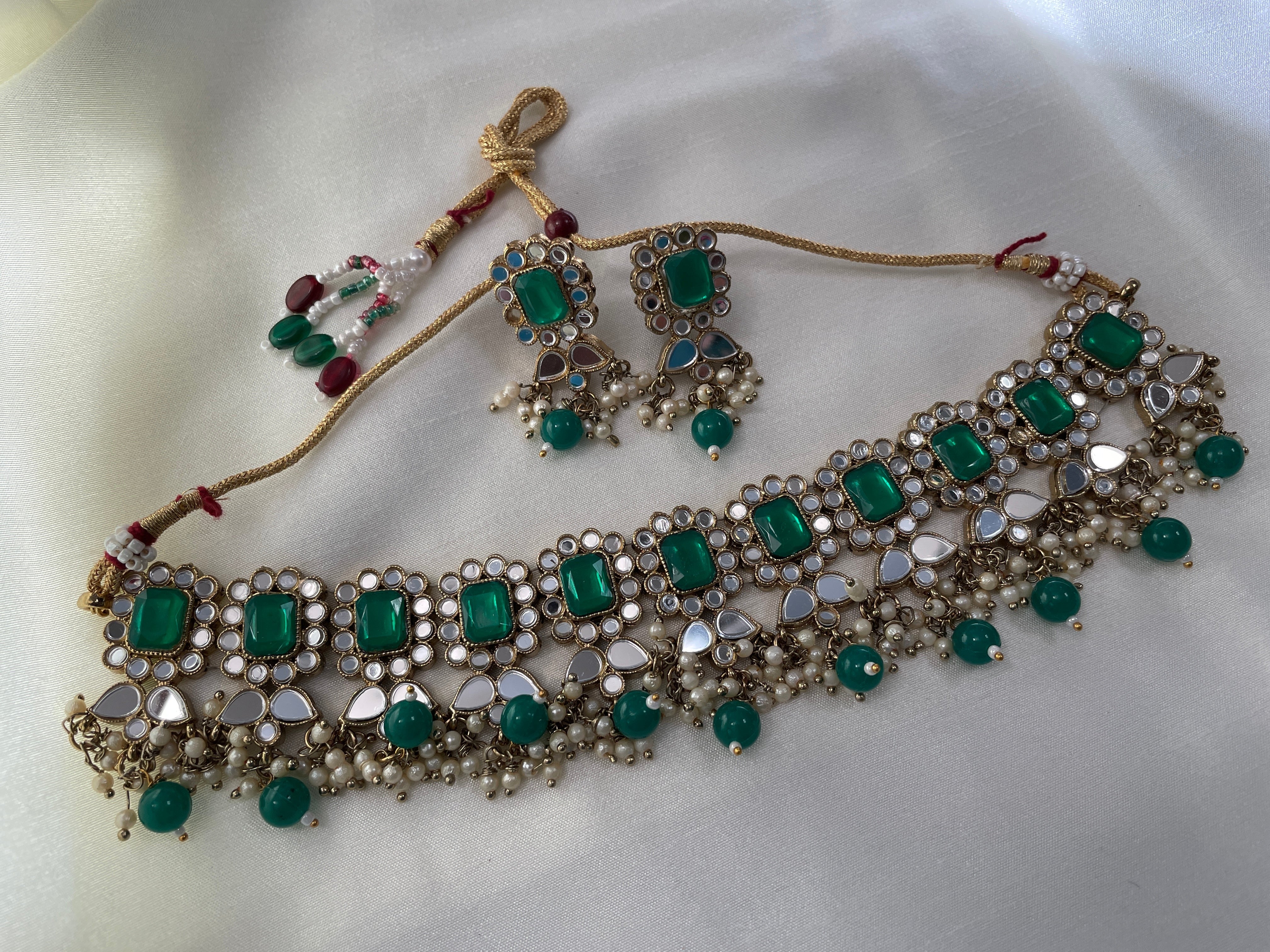 Crystal & Mirror Choker Set - Emerald Green