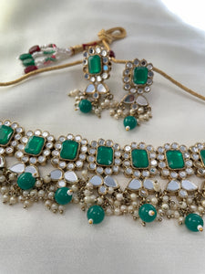 Crystal & Mirror Choker Set - Emerald Green