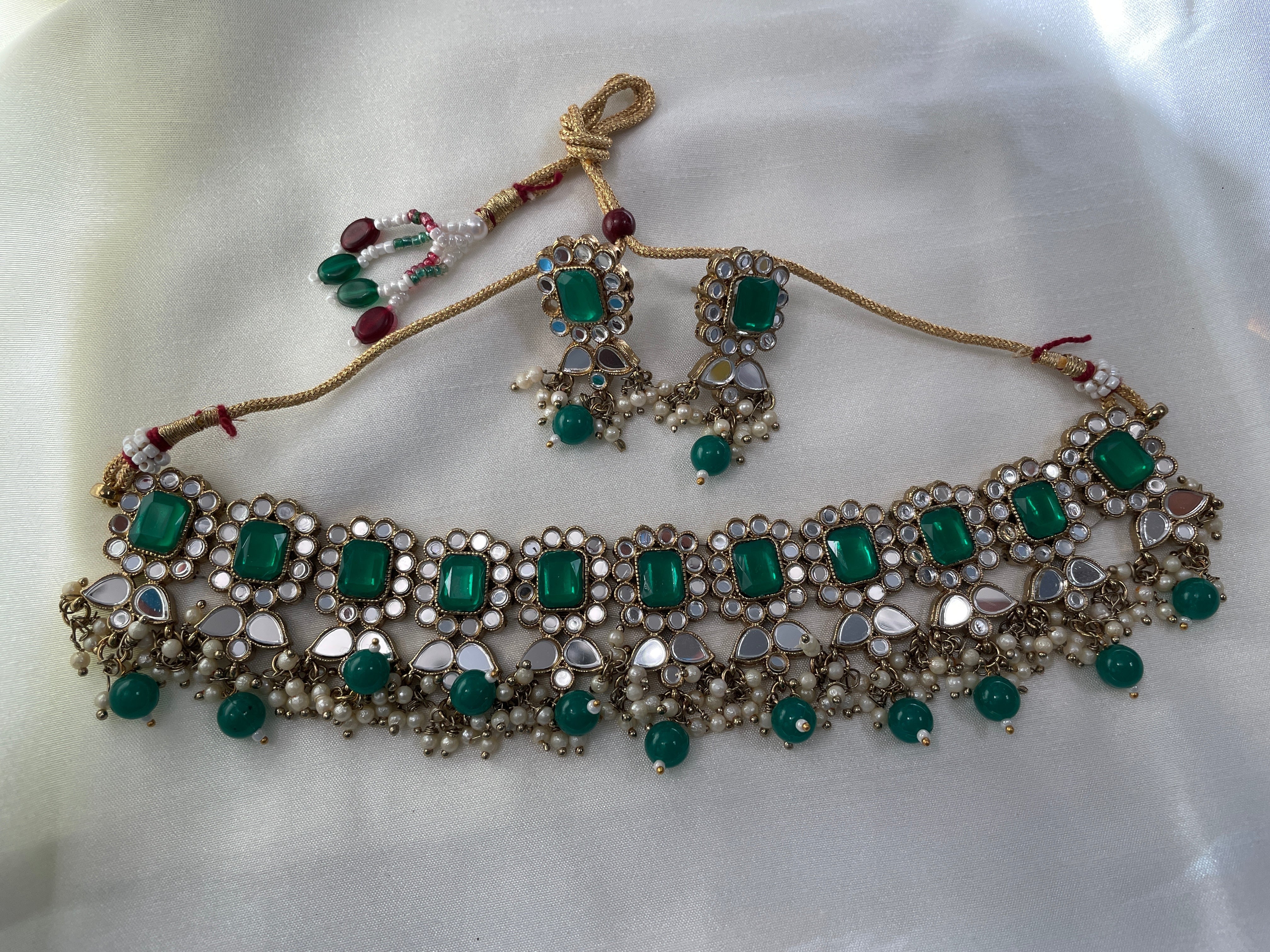 Crystal & Mirror Choker Set - Emerald Green