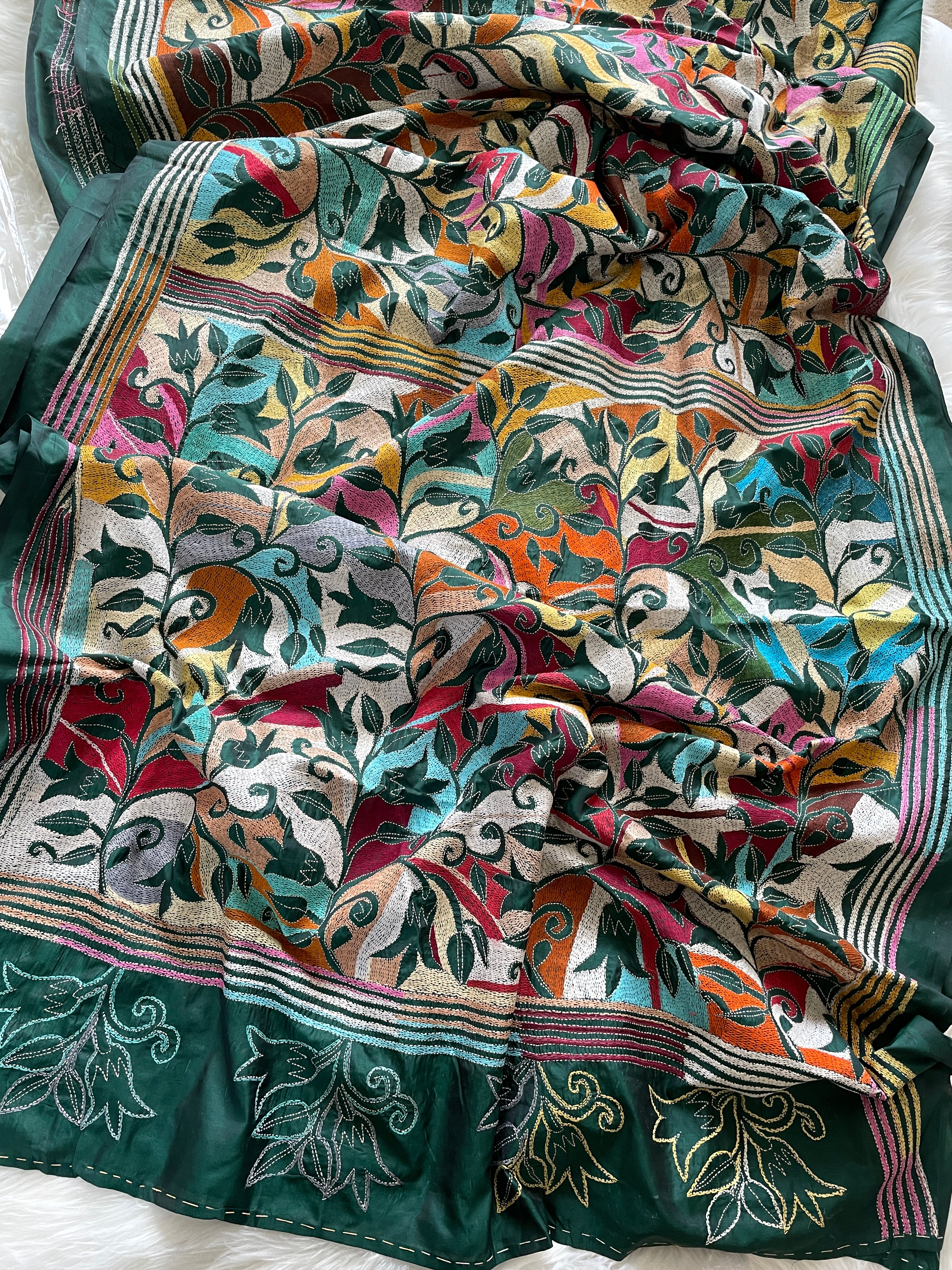 Kantha Silk Saree - Bottle Green