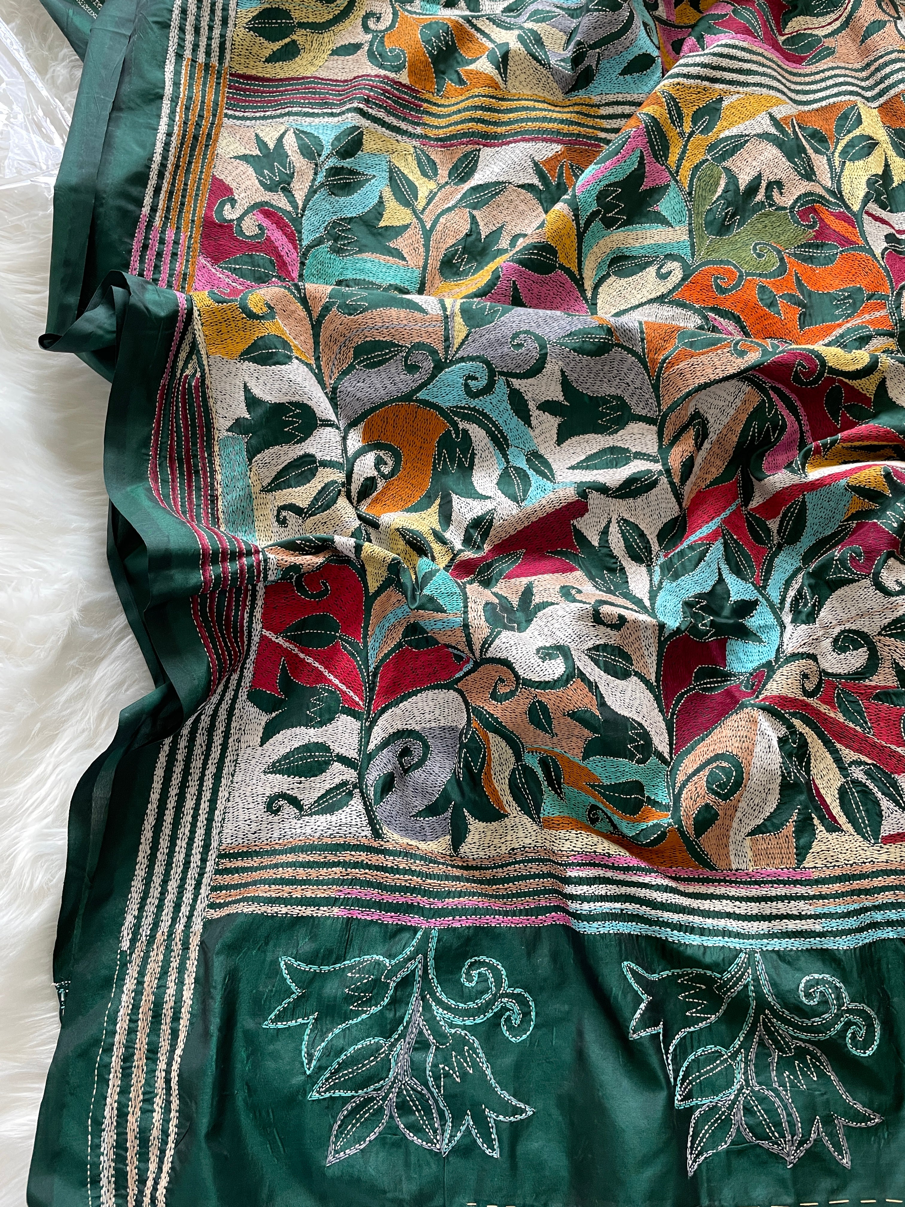 Kantha Silk Saree - Bottle Green