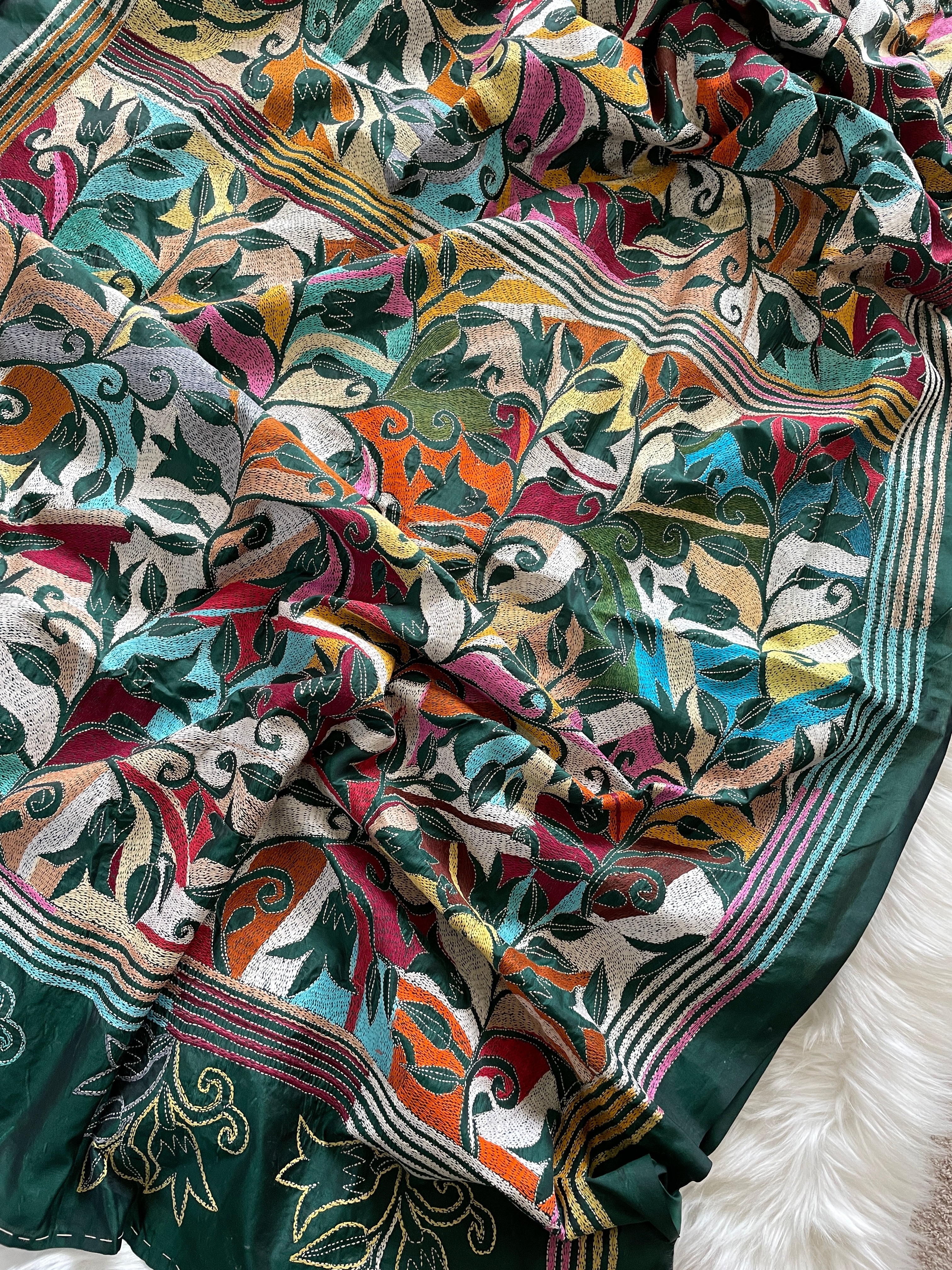 Kantha Silk Saree - Bottle Green