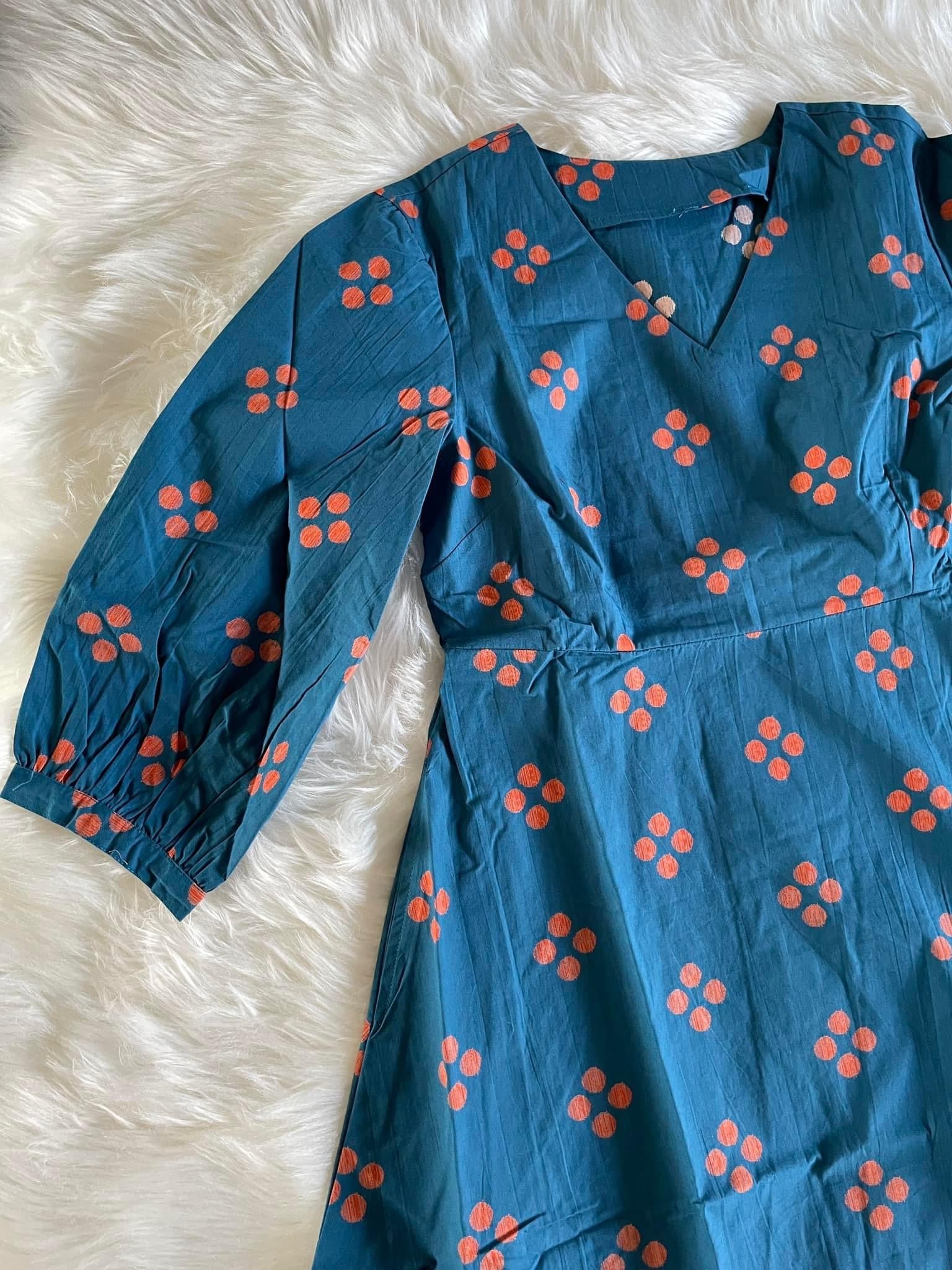 Cotton Block Print Dress - Indigo Blue