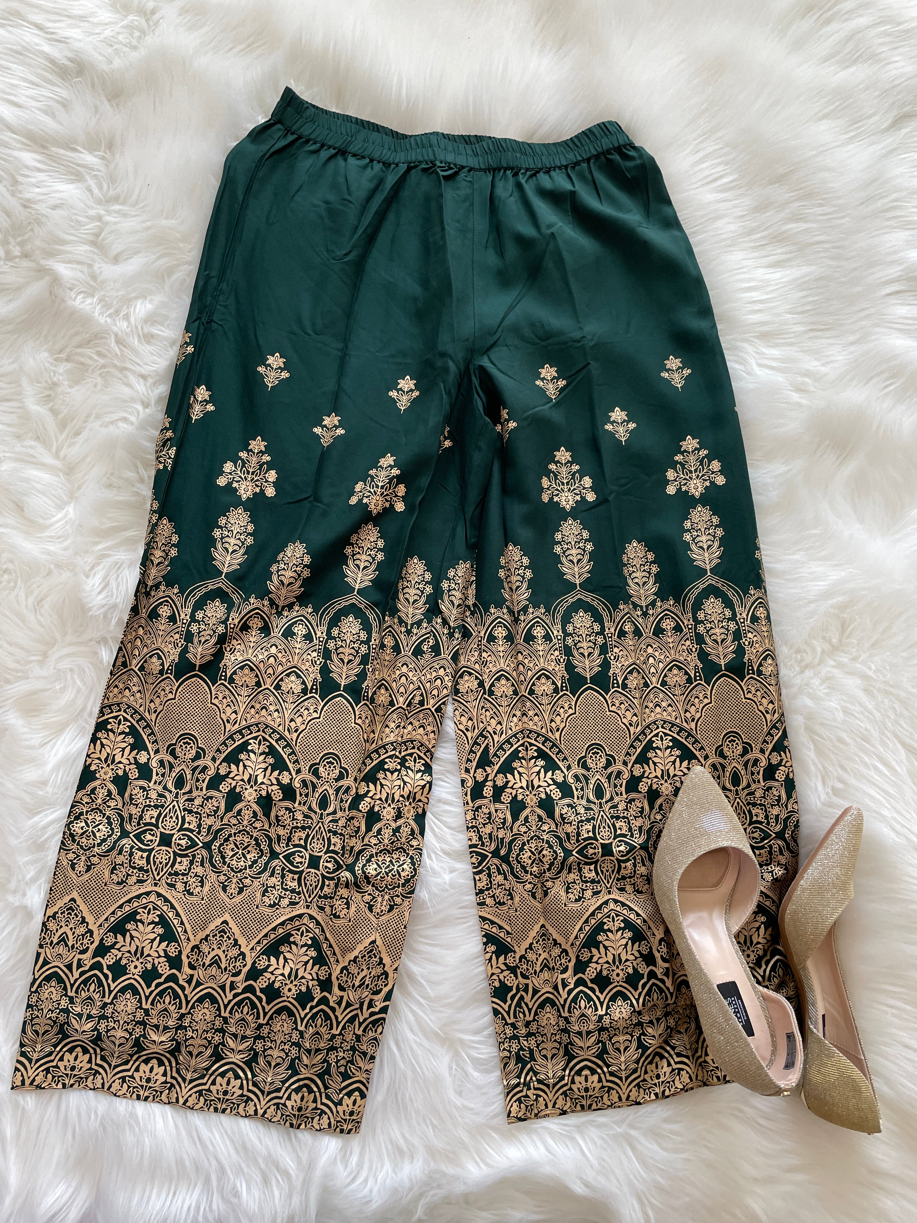 Party Palazzo Gold Print - Bottle Green